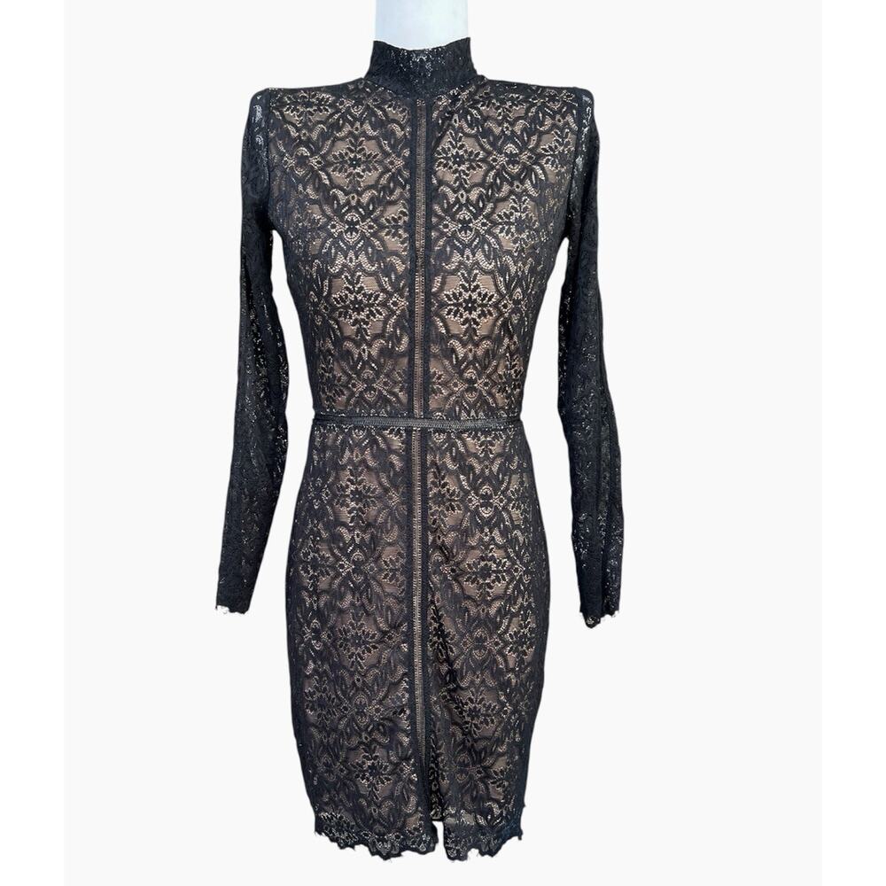 ARITZIA Wilfred Janvry Lace Black Nude Bodycon Sheath Dress Long Slv Sz 0